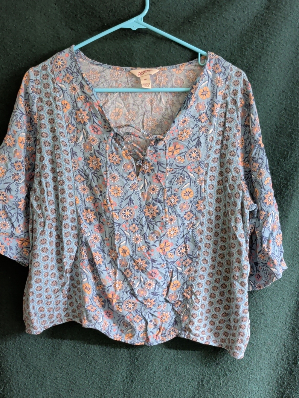 Arizona Jean Company Blue Floral Lace-Up Peasant Blouse